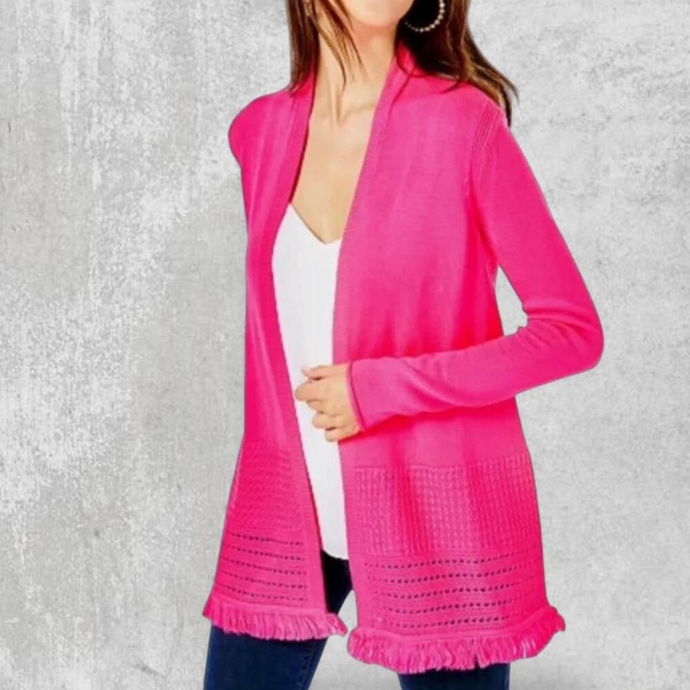 Lilly Pulitzer Noble Fringe Cardigan Pink Isle Hot Pink Open Front Sweater XXL